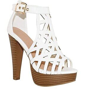 Top Moda Geometric Cutout Open Toe Ankle Buckle Tapered Heel Shoes
